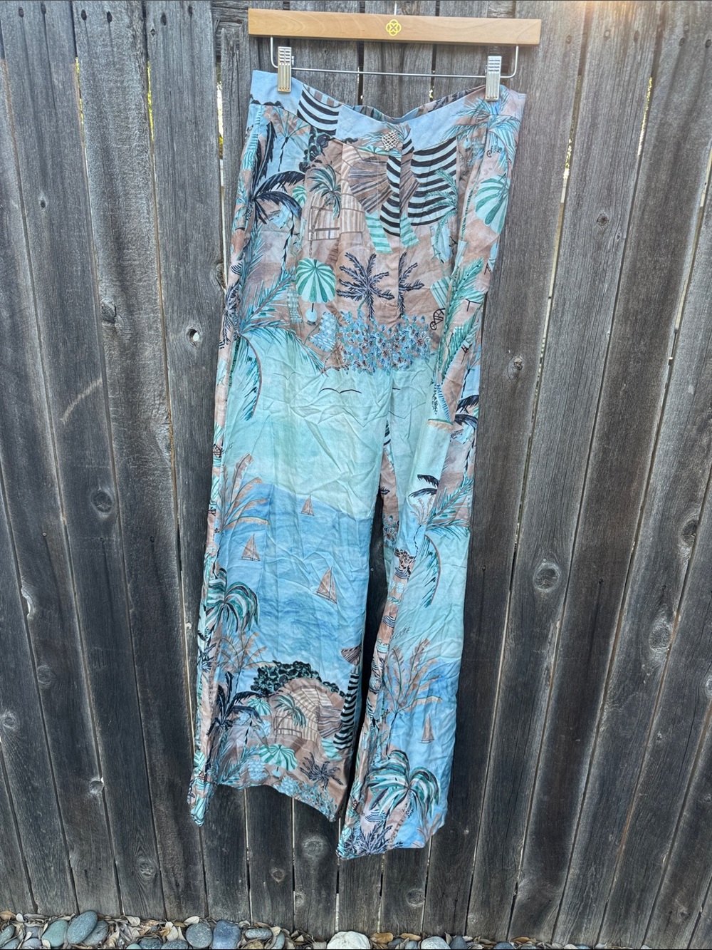 Isla & White silk Light Blue Tropical Print Wide Leg Pants